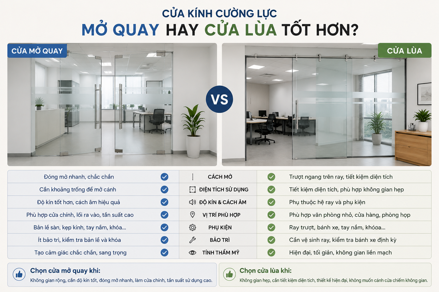 Cửa kính cường lực mở quay hay cửa kính lùa tốt hơn?