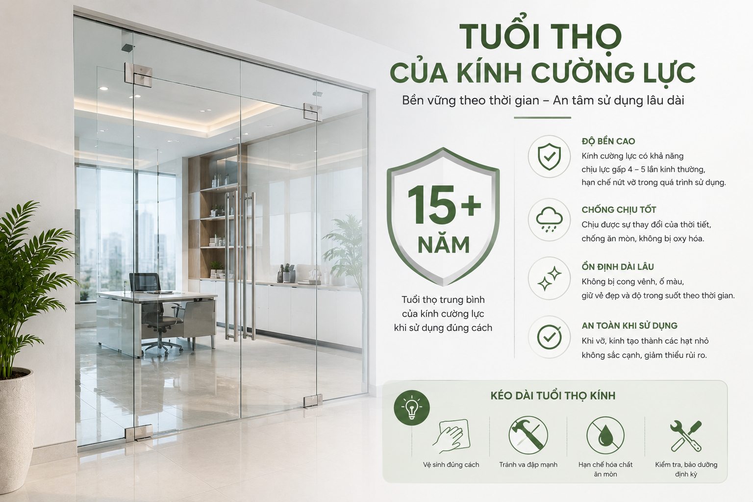 Tuổi thọ cửa kính cường lực bao lâu?