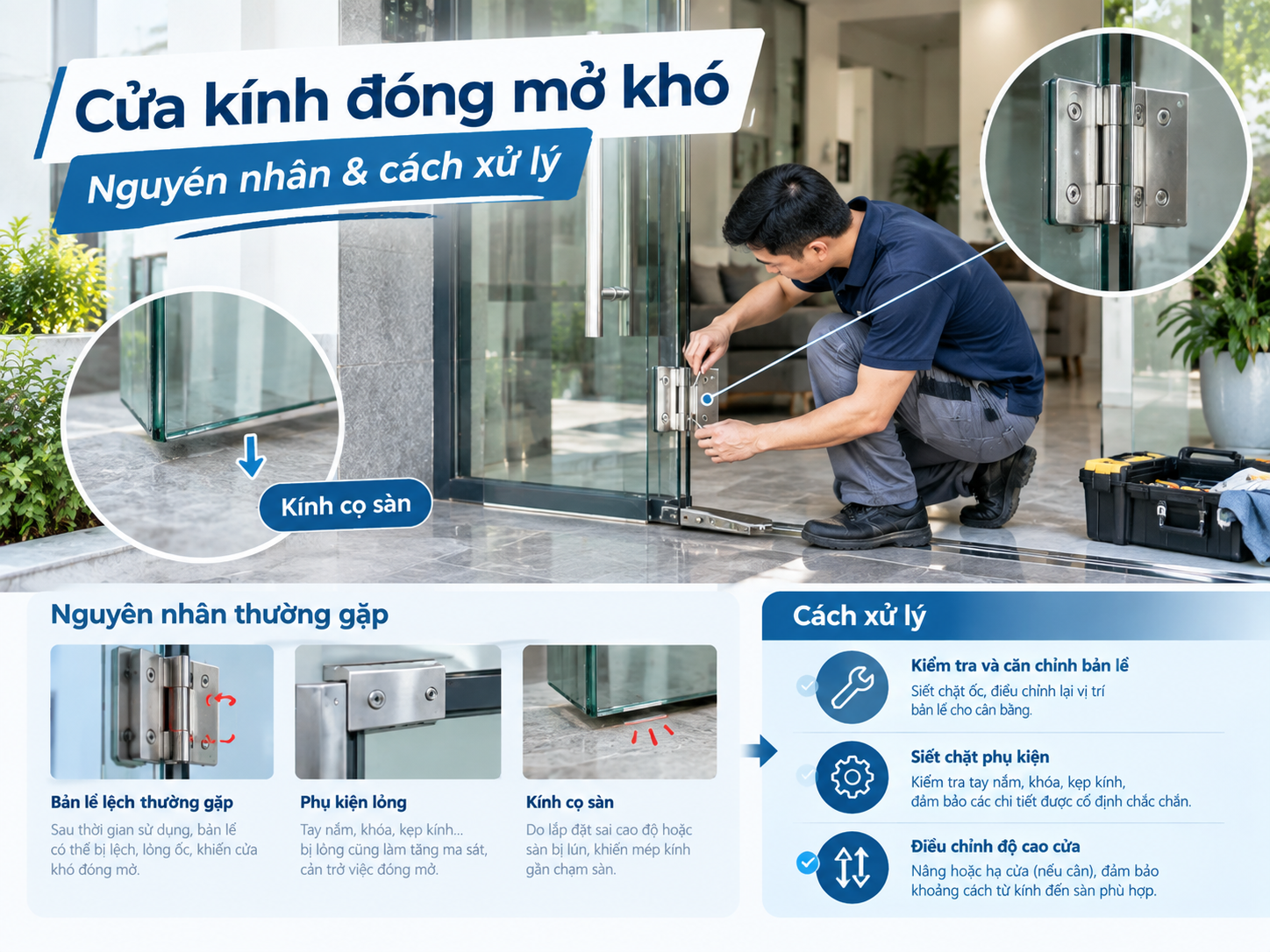 Cửa kính cường lực đóng mở khó: nguyên nhân và cách xử lý