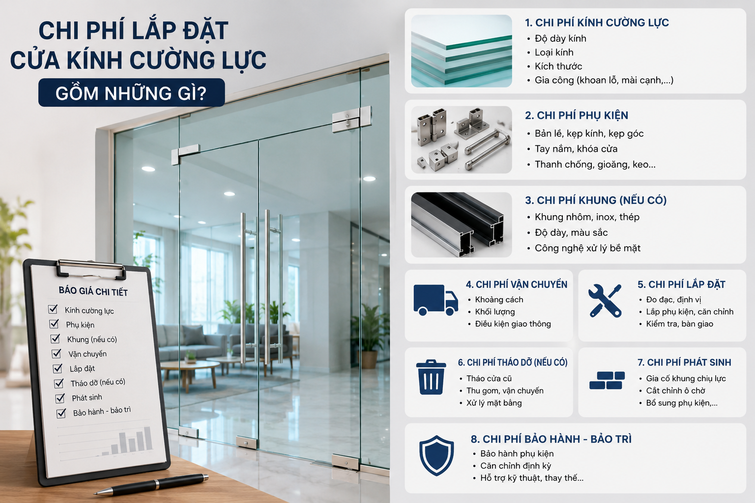 Chi phí lắp đặt cửa kính cường lực gồm những gì?