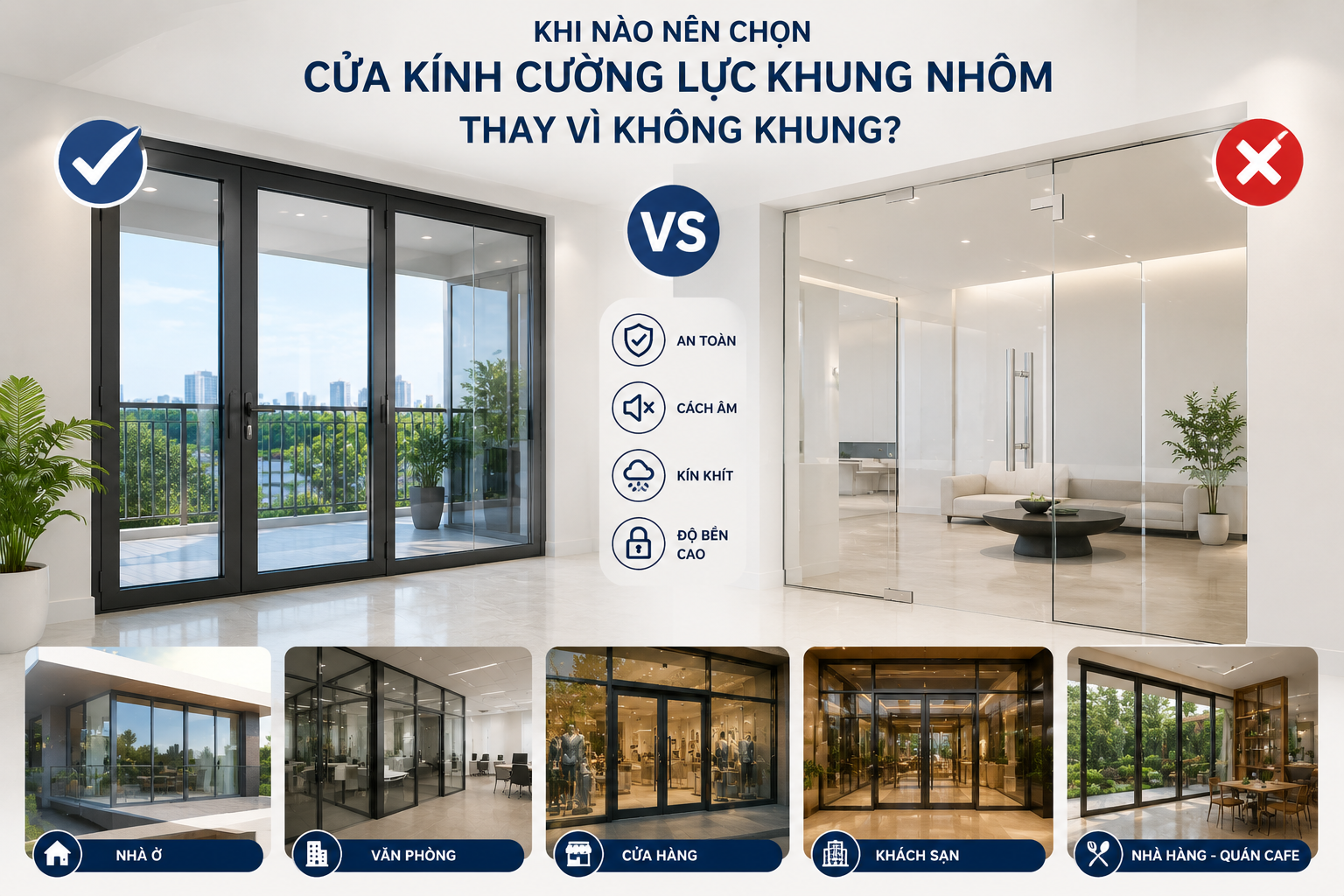 Khi nào nên chọn cửa kính cường lực khung nhôm thay vì không khung?