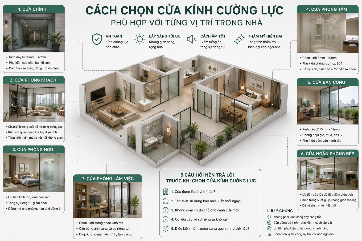Cách chọn cửa kính cường lực phù hợp với từng vị trí trong nhà