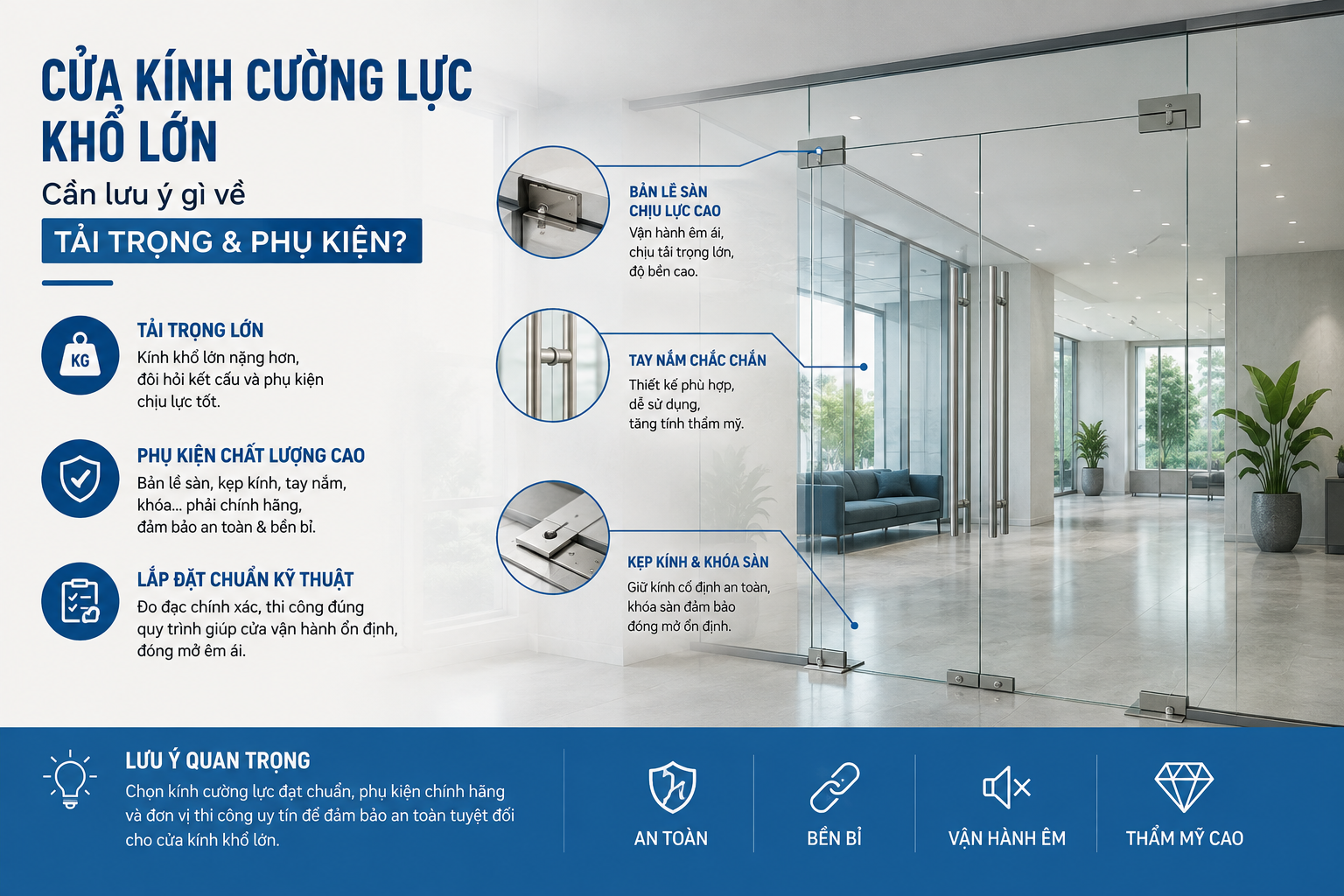 Cửa kính cường lực khổ lớn cần lưu ý gì về tải trọng và phụ kiện?
